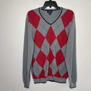 BROOKS BROTHERS Sweater Mens XL Argyle V-Neck Pullover Red Gray 346 Cotton